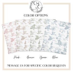 May include: Four fabric swatches with animal and tree illustrations in pink, brown, green, and blue. The text "COLOR OPTIONS" is above the swatches, and "Pink, Brown, Green, Blue" is below. The text "MESSAGE US FOR SPECIFIC COLOR REQUESTS" is at the bottom.