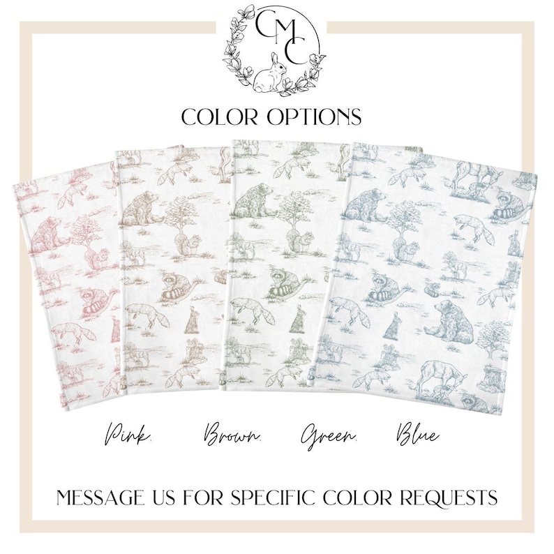 May include: Four fabric swatches with animal and tree illustrations in pink, brown, green, and blue. The text "COLOR OPTIONS" is above the swatches, and "Pink, Brown, Green, Blue" is below. The text "MESSAGE US FOR SPECIFIC COLOR REQUESTS" is at the bottom.