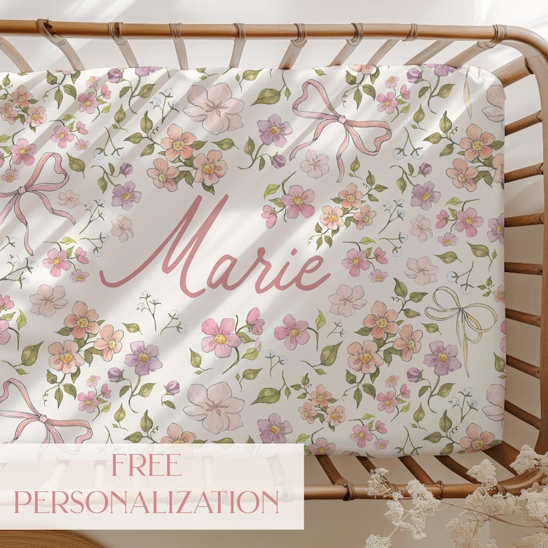 Pink Bow Personalized Crib Sheet Girl Baby Shower Gift Pink Flower Baby