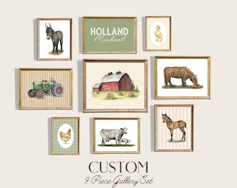 Farm Nursery Gallery Wall Set of 9 Personalized Name Print Boy Farm Nursery Decor Custom Collage Print Set Baby Animal Boy Nursery Decor
