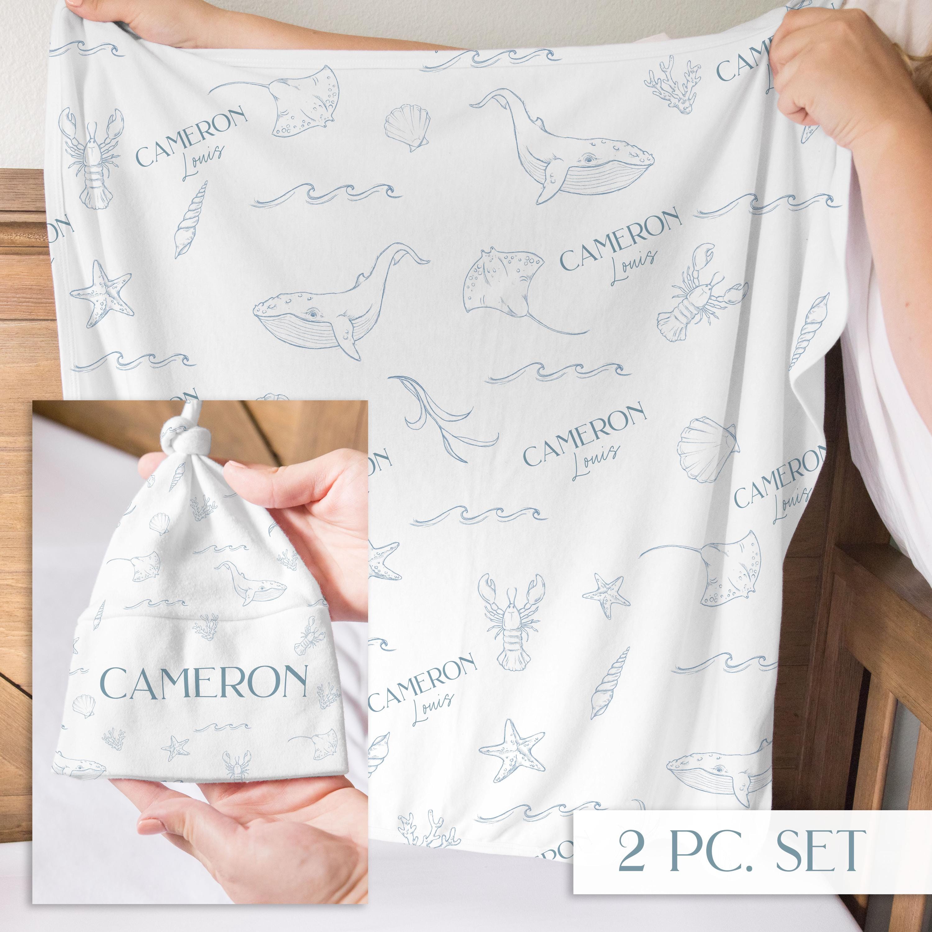 Baby Boy Swaddle and Hat Set Personalized Newborn Name Blanket Custom ...