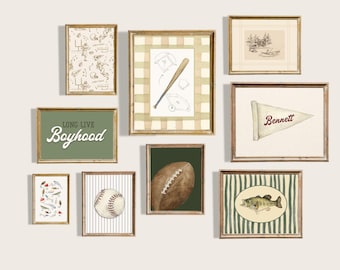 Boy Room Wall Art Prints Set of 9 Digital Sport Bedroom Decor Green Boy Bedroom Art Fishing Nursery Toddler Boy Room Decor Baseball Football