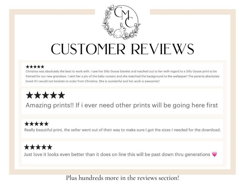 May include: A cream-colored graphic with the text "CUSTOMER REVIEWS" in a bold, elegant font. Below, customer testimonials are displayed, each accompanied by a five-star rating. The top of the graphic features a floral wreath with a rabbit illustration.