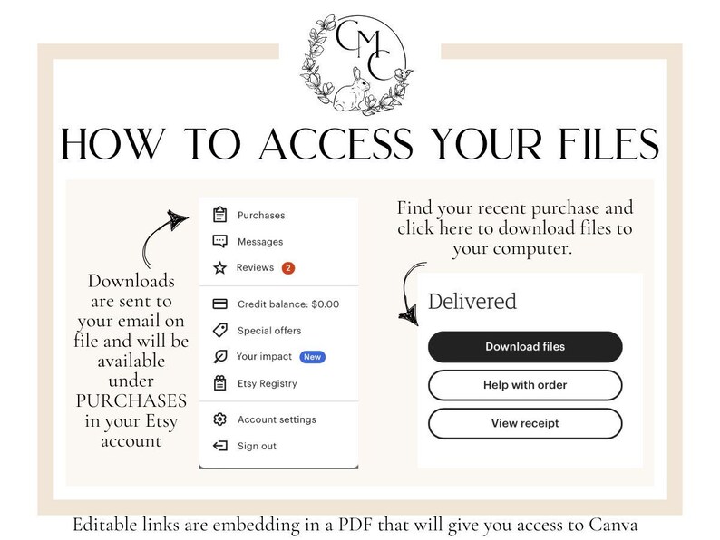 May include: A graphic showing how to access digital files purchased on Etsy. The graphic shows a screenshot of the Etsy website with a menu of options, including Purchases, Messages, Reviews, Credit balance, Special offers, Your impact, Etsy Registry, Account settings, and Sign out. The graphic also shows a button that says "Download files".
