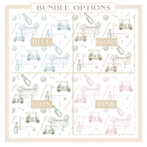 K&ouml;nnte beinhalten: Vier Golf-Muster in Blau, Braun, Gr&uuml;n und Rosa. Jedes Muster zeigt Golfwagen, Golftaschen, Golfb&auml;lle und Golfer auf wei&szlig;em Hintergrund. Der Text "BUNDLE OPTIONS" steht oben.