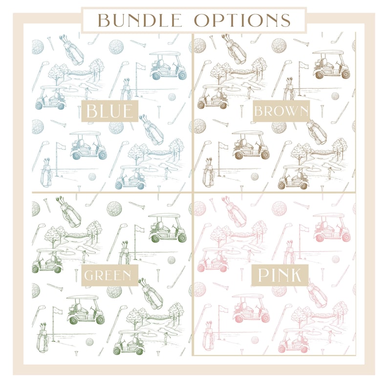 K&ouml;nnte beinhalten: Vier Golf-Muster in Blau, Braun, Gr&uuml;n und Rosa. Jedes Muster zeigt Golfwagen, Golftaschen, Golfb&auml;lle und Golfer auf wei&szlig;em Hintergrund. Der Text "BUNDLE OPTIONS" steht oben.