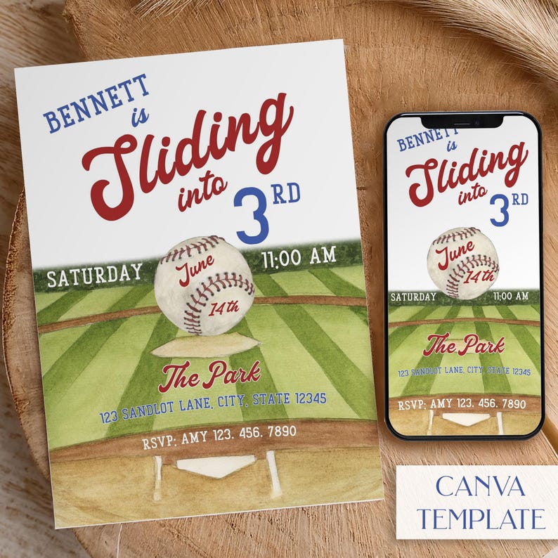 Baseball Invite Boy 3rd Birthday Editable Template Sliding into 3rd Baseball Birthday Invitation Toddler Boy Birthday Editable Invite Canva