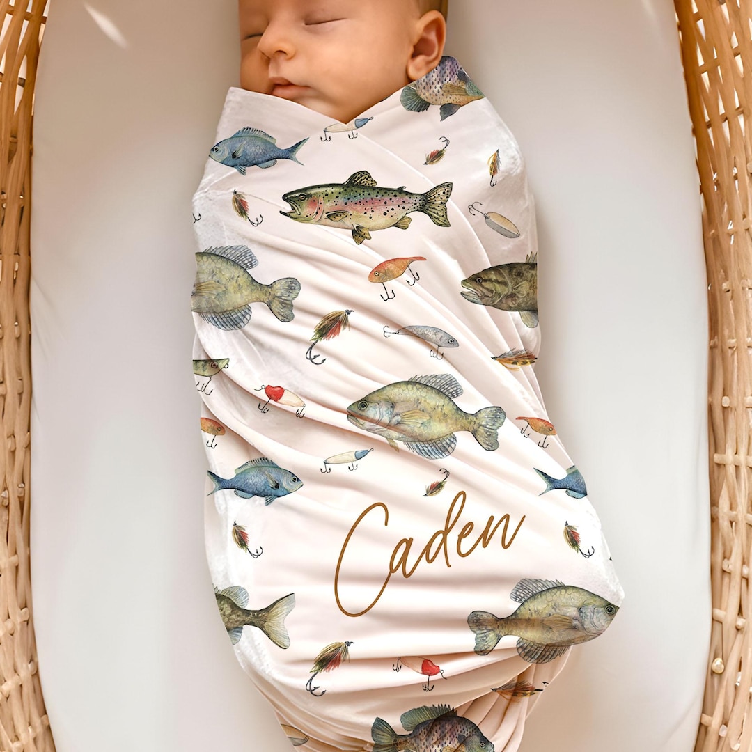 Personalized Swaddle and Hat Set Fishing Baby Shower Gift Custom Name ...