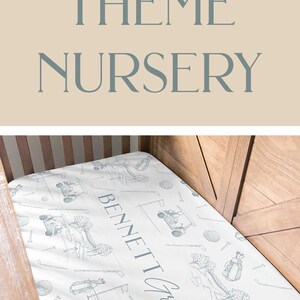 May include: A nursery set with a golf theme. The set includes a changing pad cover, crib sheet, and framed prints. The changing pad cover and crib sheet feature a golf course design in shades of gray and white. The prints have golf-related illustrations.