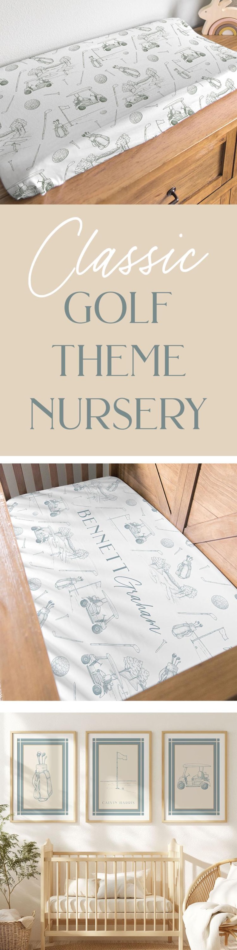 May include: A nursery set with a golf theme. The set includes a changing pad cover, crib sheet, and framed prints. The changing pad cover and crib sheet feature a golf course design in shades of gray and white. The prints have golf-related illustrations.