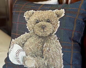 Teddy Bear Sports Nursery Decor Teddy Bear Pillow Nursery Navy Blue Plaid Americana Nursery Pillow Cotton Vintage Baseball Boy Room Decor