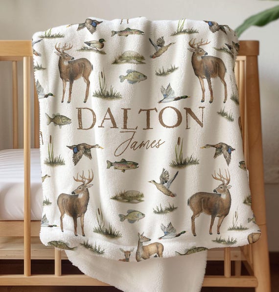 Hunting Baby Blanket Mallard Duck Blanket Boy Personalized Newborn Name Blanket Woodland Baby Shower Gift Custom Deer Hunt Fishing Nursery