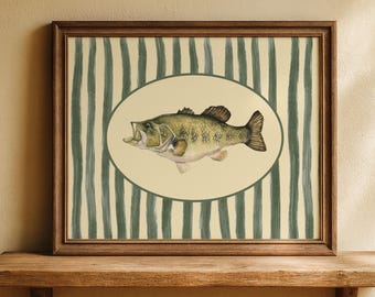 Fish Theme Nursery Wall Decor Watercolor Bass Artwork Green Personalized Stripe Nursery Boy Print with Frame Cabin Art Country Home Decor
