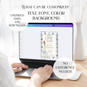 Op de afbeelding: Een laptop toont een aanpasbare uitnodigingssjabloon met een ganzenillustratie. De tekst op het scherm luidt "Our Baby Boy is One Silly Goose Henry." Extra tekst omvat "Unlimited Edits and Downloads" en "No Experience Needed!"