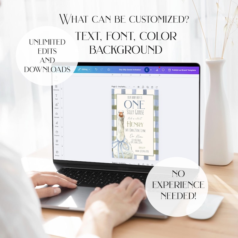 Op de afbeelding: Een laptop toont een aanpasbare uitnodigingssjabloon met een ganzenillustratie. De tekst op het scherm luidt "Our Baby Boy is One Silly Goose Henry." Extra tekst omvat "Unlimited Edits and Downloads" en "No Experience Needed!"