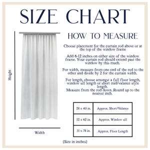 Peut inclure: Un tableau des tailles pour rideaux avec le texte SIZE CHART et HOW TO MEASURE. Il comprend des instructions pour mesurer la hauteur et la largeur, ainsi qu'un tableau listant les tailles 28 x 40, 52 x 62 et 51 x 78 pouces avec leurs styles.