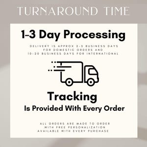 Puede incluir: Gr&aacute;fico con el texto "TURNAROUND TIME" en la parte superior. El texto "1-3 Day Processing" est&aacute; en negrita. Debajo hay un icono de cami&oacute;n de reparto y el texto "Tracking Is Provided With Every Order".