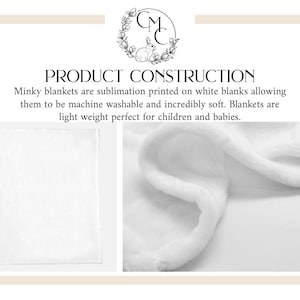以下が含まれることがあります： 白のミンキーブランケットの2つのビュー。 「PRODUCT CONSTRUCTION」というテキストは、ブランケットの特徴の説明の上にあります。洗濯機で洗え、柔らかく、軽量です。ウサギと花のリースが付いたロゴが一番上にあります。