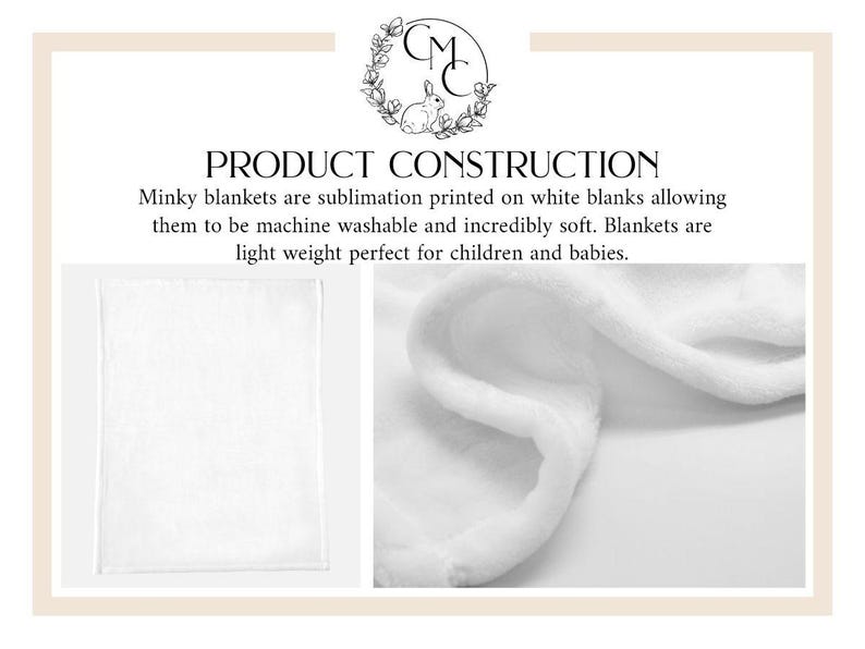 以下が含まれることがあります： 白のミンキーブランケットの2つのビュー。 「PRODUCT CONSTRUCTION」というテキストは、ブランケットの特徴の説明の上にあります。洗濯機で洗え、柔らかく、軽量です。ウサギと花のリースが付いたロゴが一番上にあります。