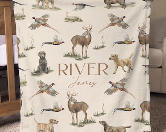 Hunting Baby Blanket Personalized with Name Deer Custom Name Gift Pheasant Blanket Labrador Nursery Bedding Boy Hunting Baby Shower Gift Boy
