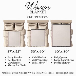 May include: Woven blanket size guide with three different sizes: 37 inches by 52 inches, 50 inches by 60 inches, and 60 inches by 80 inches. Each size is shown on a bed with a blanket laid out on top. The text below each size lists suggested uses for the blanket.