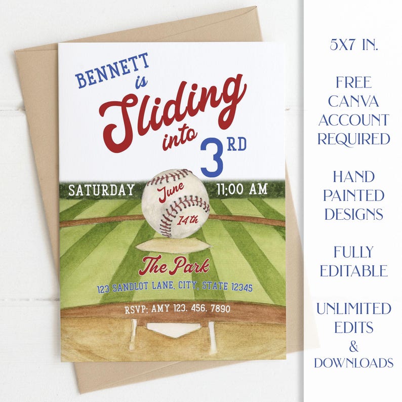 May include: Baseball-themed invitation with the text "Bennett is Sliding into 3rd." The design includes a baseball, a baseball field, and the event details. The invitation is 12.7 x 17.8 cm and features hand-painted designs.