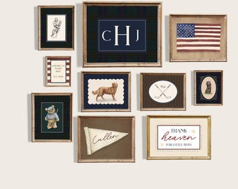 Americana Nursery Wall Art Set of 10 Digital Vintage Americana Boy Personalized Monogram Name Print Hockey Teddy Bear Art Sport Collage boy