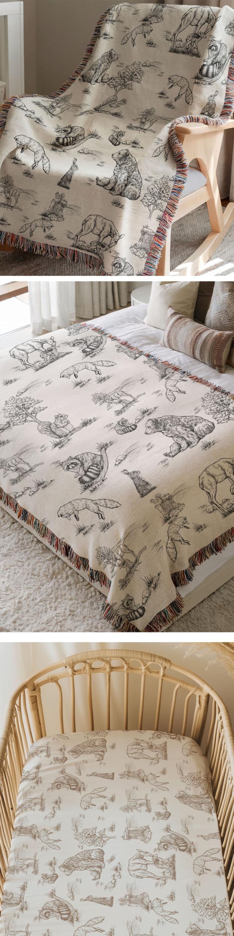 May include: Cream-colored throw blanket with a black and white forest animal design. The blanket features a repeating pattern of bears, foxes, and other woodland creatures. The edges are finished with a fringe.