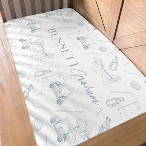 Personalized Crib Sheet Boy Golf Crib Sheet Vintage Golf Nursery Decor Custom Crib Sheet with Name Baby Shower Gift Toile Baby Crib Bedding