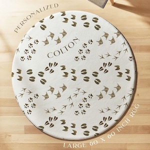 Personalisierte Woodland Teppich Benutzerdefinierte Name Baby Spielmatte Woodland Kinderzimmer Dekor Bereich Teppich Runden Tierspuren Teppich Woodland Teppich Großer benutzerdefinierter Teppich