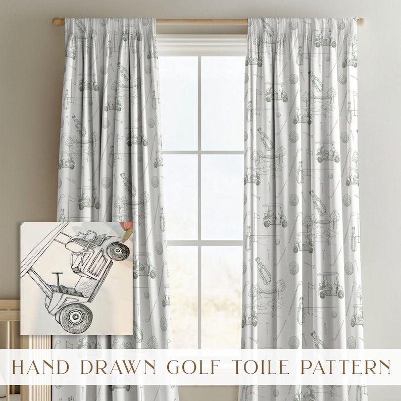Preppy golf-themed baby room curtains with watercolor golf clubs, carts, and country club scenes Custom golf toile drapes perfect for a baby boy’s nursery or kids’ room, showcasing a vintage watercolor golf design