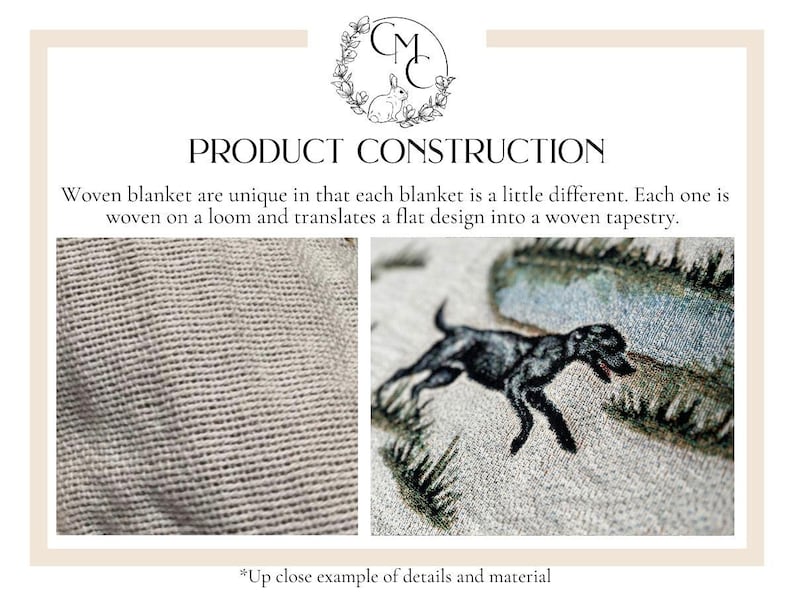 May include: Close-up of a woven blanket with a detailed design of a black dog running through a field. The blanket is made of a soft, textured fabric. "Woven blanket are unique in that each blanket is a little different. Each one is woven on a loom and translates a flat design into a woven tapestry." *Up close example of details and material