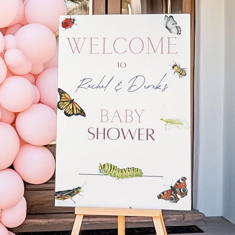 Digital customizable Love Bug baby shower sign featuring a butterfly and garden theme, ideal for welcoming guests to a springtime event. Baby Girl Shower Spring Butterfly Baby Shower Decor Ideas