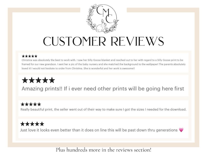 May include: A cream-colored graphic with the text "CUSTOMER REVIEWS" in a bold, elegant font. Below, customer testimonials are displayed with star ratings and positive comments about the seller and their products. A floral wreath with a rabbit is at the top.