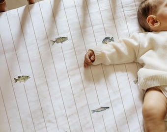 Fish Crib Sheet Name Personalized Baby Gift Fishing Nursery Decor Baby Boy Bedding Neutral Stripe Print Lake Fish Theme Crib Bedding Boy