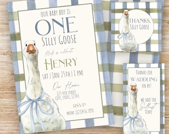 One Silly Goose Birthday Invitation 1st Boy Birthday Bundle Silly Goose Party Decor Blue Gingham Silly Goose Invite Editable Canva Template