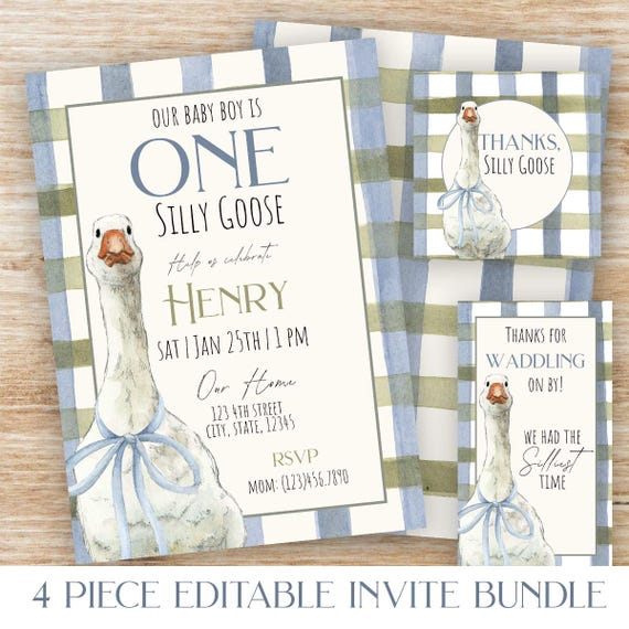 One Silly Goose Birthday Invitation 1st Boy Birthday Bundle Silly Goose Party Decor Blue Gingham Silly Goose Invite Editable Canva Template
