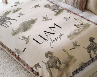 German Shorthaired Pointer Nursery Blanket with Name Personalized Baby Blanket Hunting Dog Mallard Duck Nursery Boy Woven Blanket Cotton