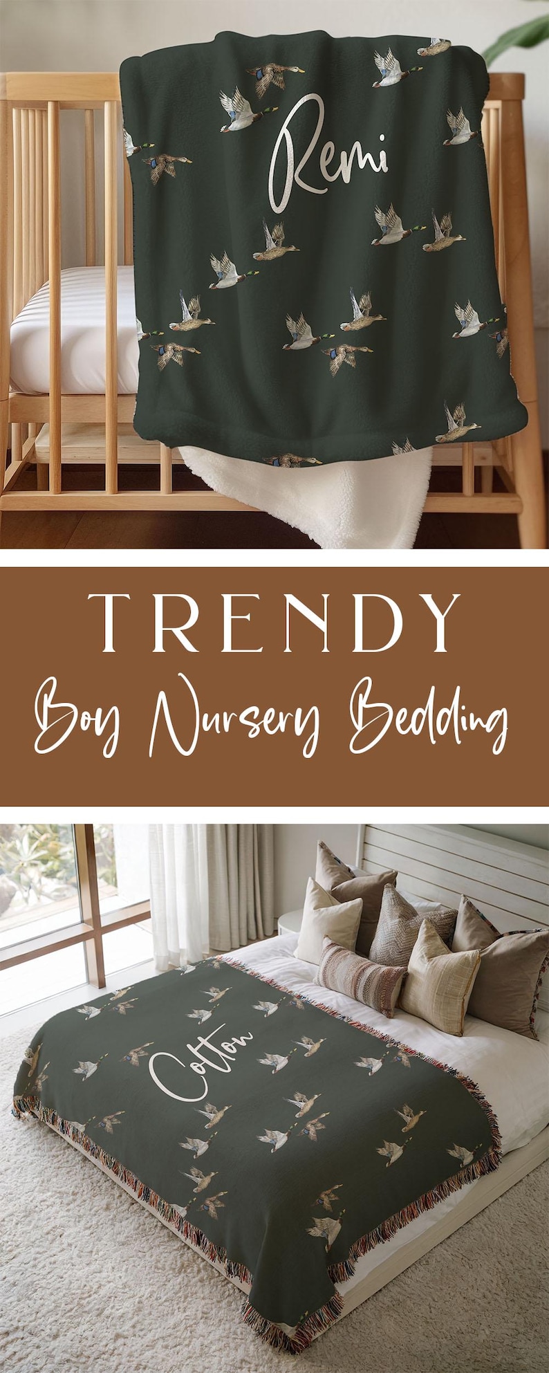 May include: A green woven throw blanket with a pattern of flying ducks. The blanket has a fringe border and the name "Cotton" is woven into the fabric.