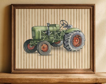 Vintage Tractor Nursery Painting Toddler Boy Art Striped Bedroom Print Green Tractor Print Watercolor Farmhouse Wall Art Framed Playroom Art