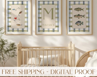Fishing Nursery Print Personalized Baby Name Art Set of 3 Hunting Nursery Decor Custom Monogram Print Boy Fishing Decor Boy Nursery Wall Art