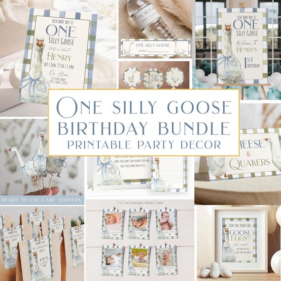 ONE Silly Goose Bundle Boy 1st Birthday Silly Goose Invite Bundle Editable Template Silly Goose Decor Printable Blue Goose Theme Party Decor