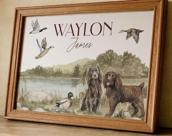 Boykin Spaniel Name Print Personalized Duck Vintage Hunting Dog Baby Boy Art for Bedroom Mallard Duck Nursery Wall Decor Custom Framed Art
