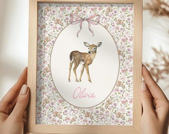 Floral Nursery Print Personalized Name Woodland Nursery Decor Girl Pink Bow Print Baby Girl Nursery Wall Art Watercolor Deer Nursery Art