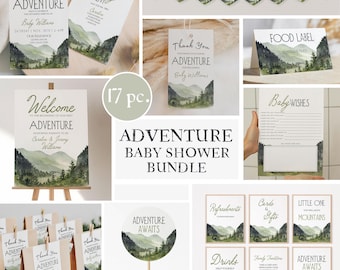 May include: An "Adventure Baby Shower Bundle" with 17 pieces, including invitations, RSVP cards, banners, welcome signs, thank you tags, food labels, baby wishes cards, and various decorative signs. The design features a watercolor mountain and forest theme.