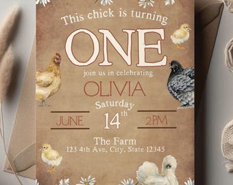 This Chick is Turning ONE Birthday Invitation Bundle Chick 1st Birthday Girl Chicken Invitation Country Theme Birthday Editable Template