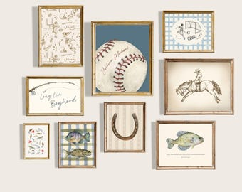Boy Bedroom Wall Art Set of 9 Printable Wall Art Western Nursery Print Baseball Fishing Nursery Decor Eclectic Gallery Set Personalized Art
