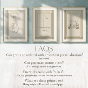 May include: Three framed prints with golf-themed illustrations. The prints feature a golf bag with clubs, a flag on the green, and a golf cart. The frames are gold-colored, and the prints have a beige background.