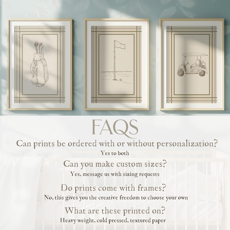 May include: Three framed prints with golf-themed illustrations. The prints feature a golf bag with clubs, a flag on the green, and a golf cart. The frames are gold-colored, and the prints have a beige background.