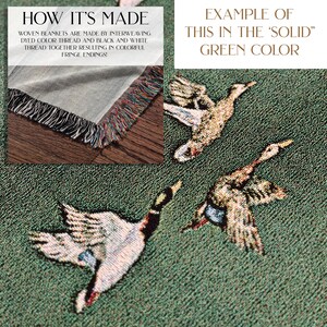 May include: A woven tapestry throw blanket with a green background and a pattern of white geese flying. The text "HOW IT'S MADE" and "EXAMPLE OF THIS IN THE 'SOLID' GREEN COLOR" is visible in the image.